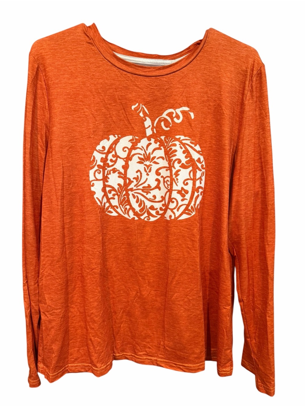SHEIN Orange Long-Sleeve Tee with White Decorative Pumpkin